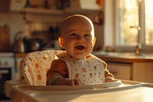 A baby smiles while sitting in a high chair photo