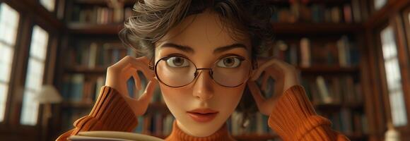 A woman wearing glasses and reading a book photo