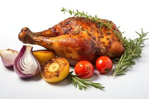 A chicken with vegetables and herbs on a white background photo