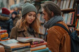A man and woman looking at books in a bookstore photo