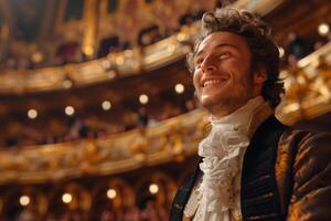 A man in a golden costume smiles at the audience photo