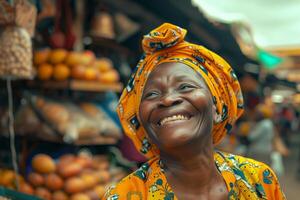 A woman in a colorful headscarf smiles at the camera photo