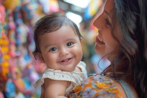 A woman holding a baby in front of colorful fabric photo