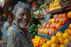 An old man smiles while standing in front of a fruit stand photo