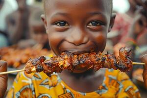 A young boy is smiling while holding a skewered meat photo