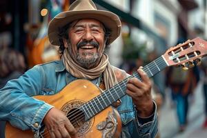 A man is smiling while playing an acoustic guitar photo