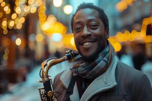 A man smiles while playing the saxophone in a city photo