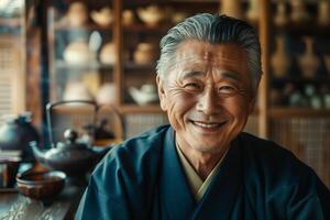 An old man in a kimono smiling photo