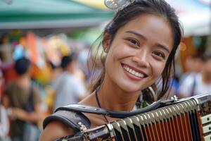 A woman smiles while holding an accordion photo
