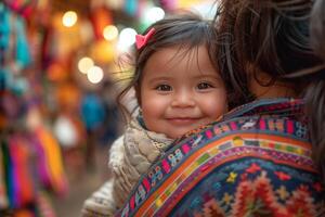 A woman holding a child in a colorful dress photo