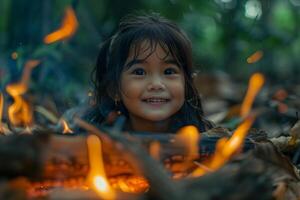 A little girl smiles while sitting on a log photo