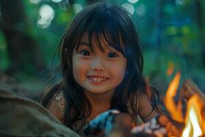A little girl smiles while sitting next to a campfire photo