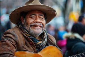 A man with a hat and guitar in the street photo