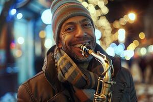 A man is smiling while playing a saxophone photo