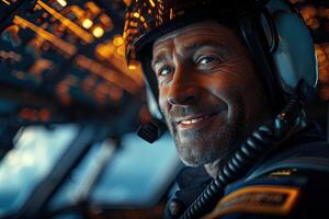 A man in a pilot's helmet smiling in the cockpit photo
