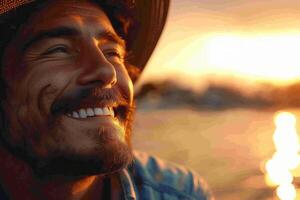 A man with a hat on smiling at the sun photo