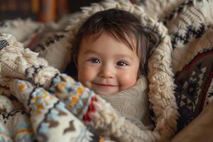 A baby is wrapped in a blanket and smiling photo