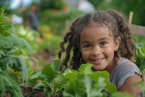 A young girl smiles while standing in a garden photo