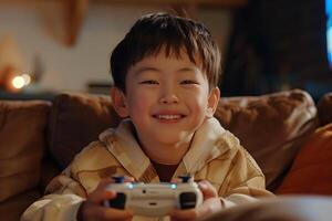 A young boy smiles while holding a game controller photo
