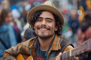 A man with a hat and guitar is smiling photo