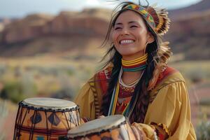 A woman in native american clothing is smiling and holding a drum photo