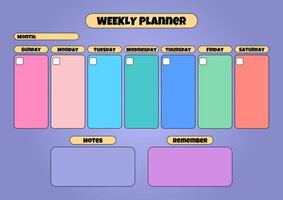 Vibrant weekly planner template with colorful day sections, notes, and reminder boxes on a gradient purple background. vector