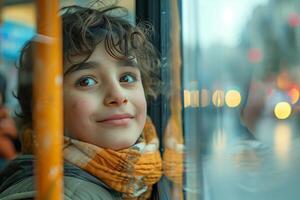 A young boy is looking out the window of a bus photo