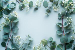 Eucalyptus leaves and flowers on blue background photo