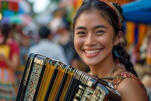 A woman smiles while holding an accordion photo