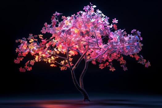A tree with pink flowers on it in the dark photo
