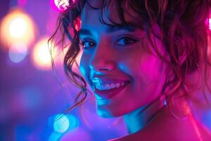 A woman smiling in front of colorful lights photo