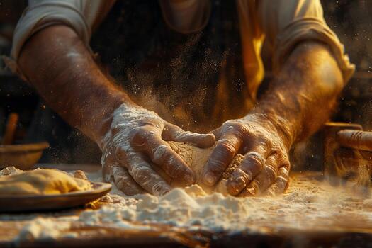 A man is kneading dough on a table photo