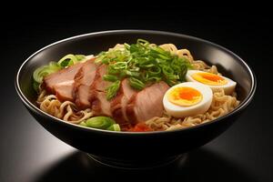 A bowl of ramen with meat, eggs and vegetables photo