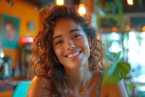 A woman smiling in a restaurant photo
