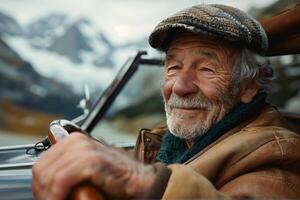 An older man driving a car in the mountains photo