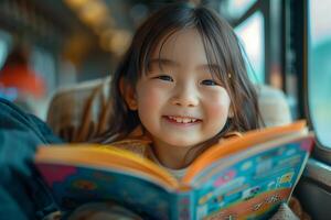 A little girl smiles while reading a book photo