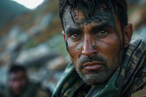 A man in camouflage is looking at the camera photo
