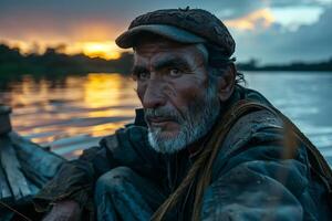 A man sitting in a boat on the water at sunset photo
