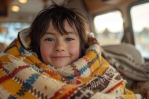 A young girl wrapped in a blanket photo