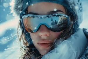 A woman wearing ski goggles in the snow photo