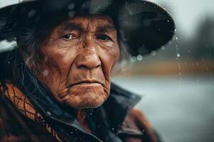 An old man with a hat on in the rain photo