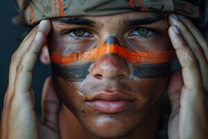 A man with his face painted orange and black photo