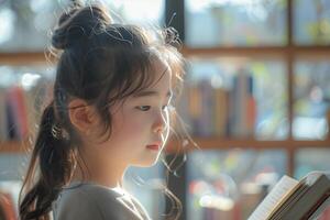 A young girl is reading a book in front of a library photo