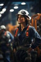 A woman in a hard hat and safety vest standing in front of a group of workers photo