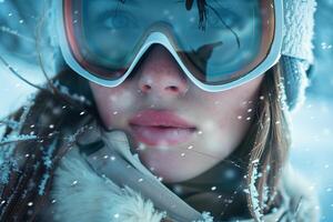 A woman wearing ski goggles and a fur coat photo