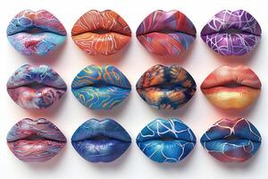 A group of colorful lips with different designs photo