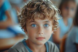 un joven chico con azul ojos sentado en un salón de clases foto