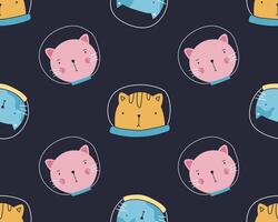 Cute cats exploring space in a spacesuit. Cosmic cats pattern. vector