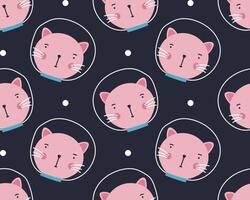 Seamles pattern with Galaxy cats. Cute pink cat exploring space in a spacesuit. Cosmic cats and dots pattern. vector