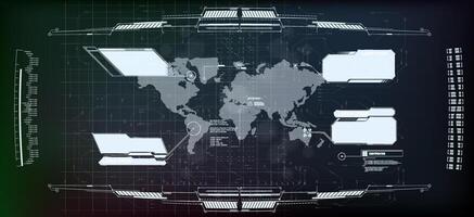 Digital world map display with interactive data panels and futuristic design elements. vector